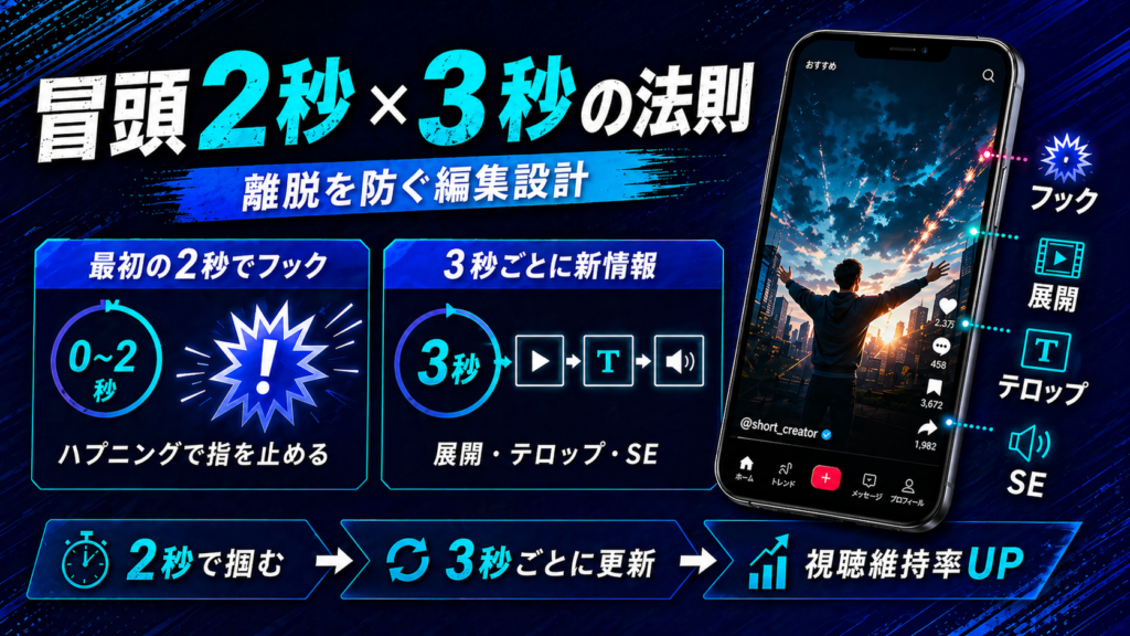 デジタル広告バナー。2秒×3秒の法則と離脱防止の編集設計を説明する青と黒のデザイン。右端にスマホが表示される。