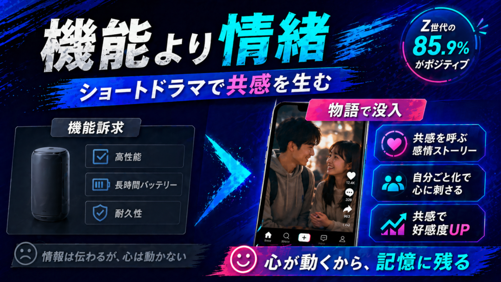 ネオン風の青紫背景広告。スマホ動画と左の機能説明パネルが並ぶ、記憶と感情を訴えるプロモビジュアルです。