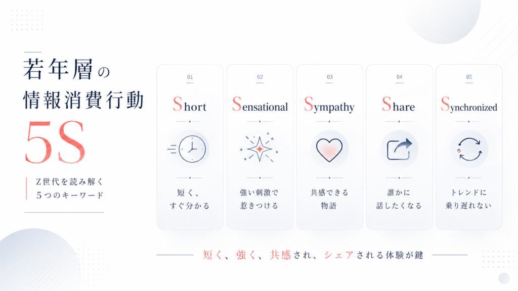 左に若年層の情報消費を示す5Sのキーワードカードが並ぶ infographic 。01 Short、02 Sensational、03 Sympathy、04 Share、05 Synchronizedを説明。