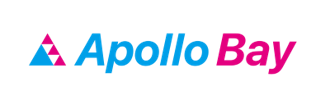 Apollo Bay logo with a blue triangle icon and the wordmark 'Apollo Bay' where 'Apollo' is blue and 'Bay' is pink.