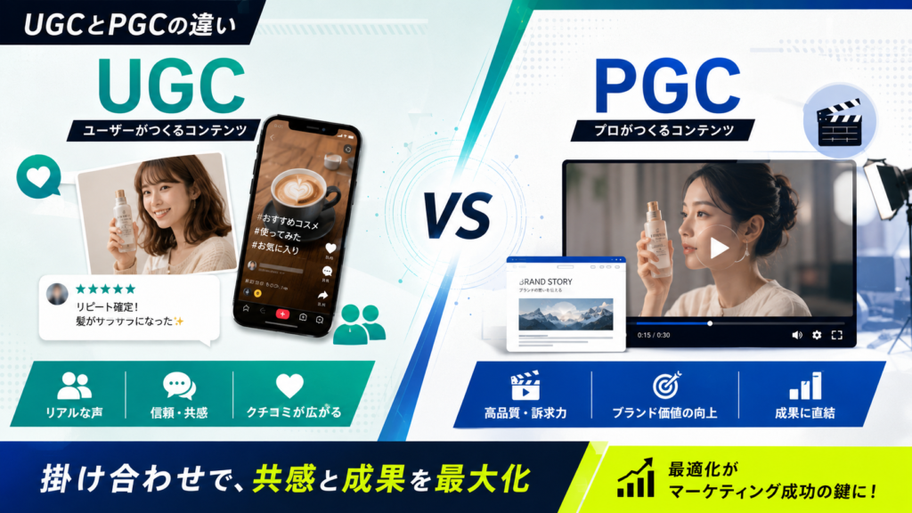 UCG vs PGC: left side shows a woman holding a skincare product and a phone, right side shows a woman on a video screen promoting content.