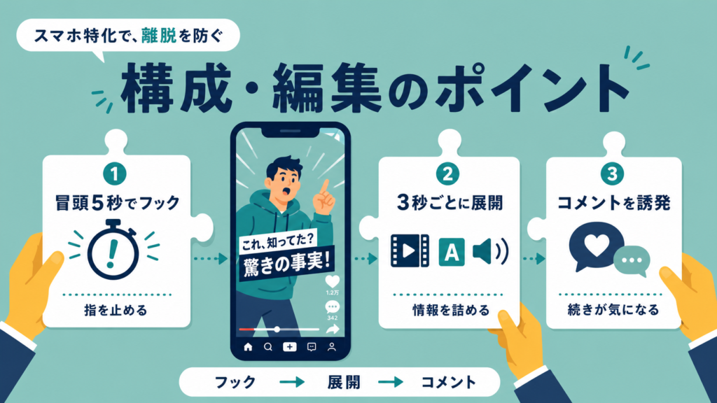 動画の構成・編集ポイントを3枚のカードで解説。1: 冒頭5秒でフック、2: 3秒ごとに展開、3: コメントを誘発。中央はスマホ画面。