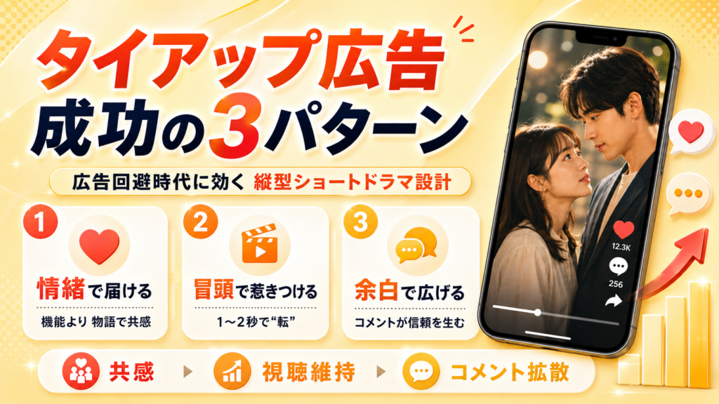 タイアップ広告の案内バナー。黄色い背景に『成功の3パターン』と3つの説明カード、右端はスマホに映る恋人の映像。