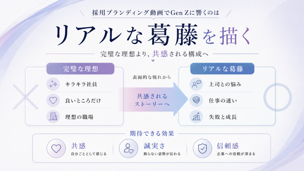 ブランド動画の対比図。左に“完璧な理想”の特徴（キラキラ社員、良いところだけ、理想の職場）、右に“リアルな葛藤”の悩み（上司との悩み、仕事の迷い、失敗と成長）を並べ、共感されるストーリーへ誘導する構成。