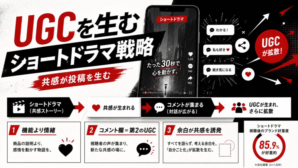 【2026年最新】UGCとは?意味やマーケティングでの活用法・ショートドラマ戦略まで徹底解説 - 縦型ショートドラマなら GOKKO Inc.|ごっこ倶楽部 UGCを生むショートドラマ戦略の解説インフォグラフィック。共感が投稿を生み、コメントが広がりUGCが拡散される流れを示す。