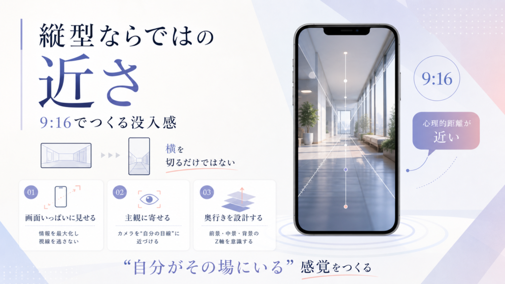 Hero banner promoting a 9:16 immersive experience with a smartphone showing a bright hallway, and three feature cards at the bottom in soft blue-purple tones.