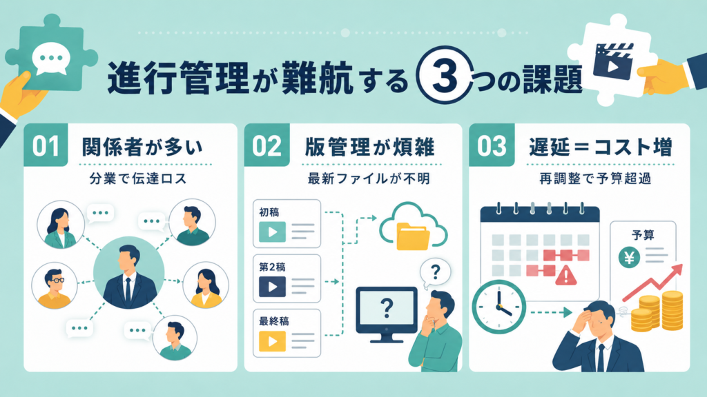 進行管理の3つの課題を解説する日本語のインフォグラフィック。関係者の伝達ミス、版管理の煩雑さ、遅延とコスト増を図示。