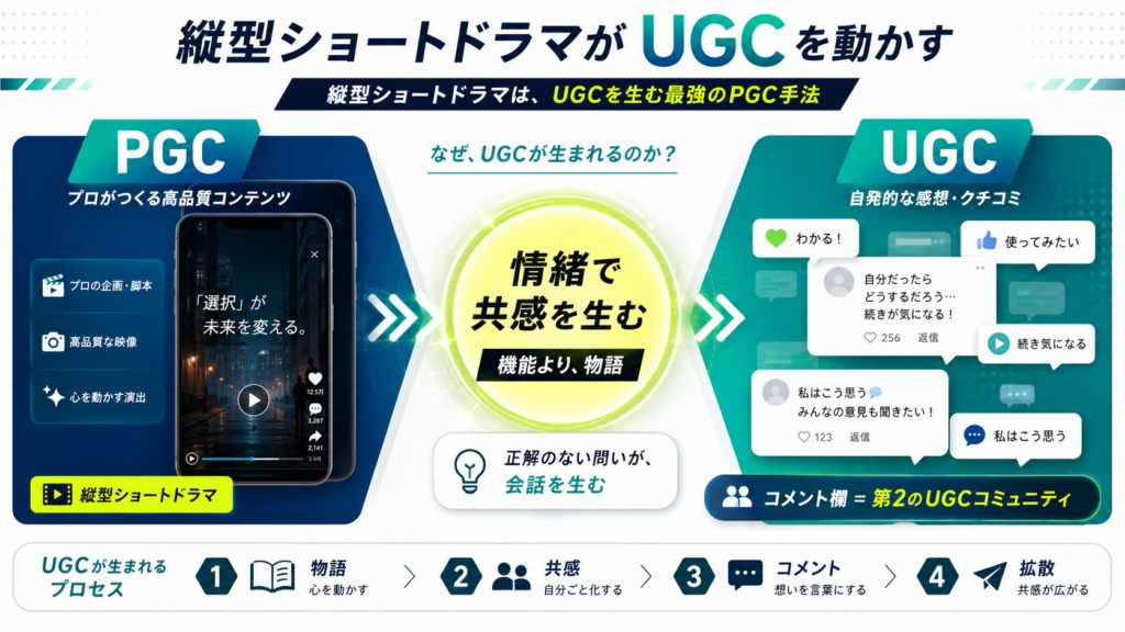 UGCとPGCを対比する横長のインフォグラフィック。中央に“情緒で共感を生む”の丸い光のアイコンがあり、左右にPGCとUGCの説明が並ぶ。