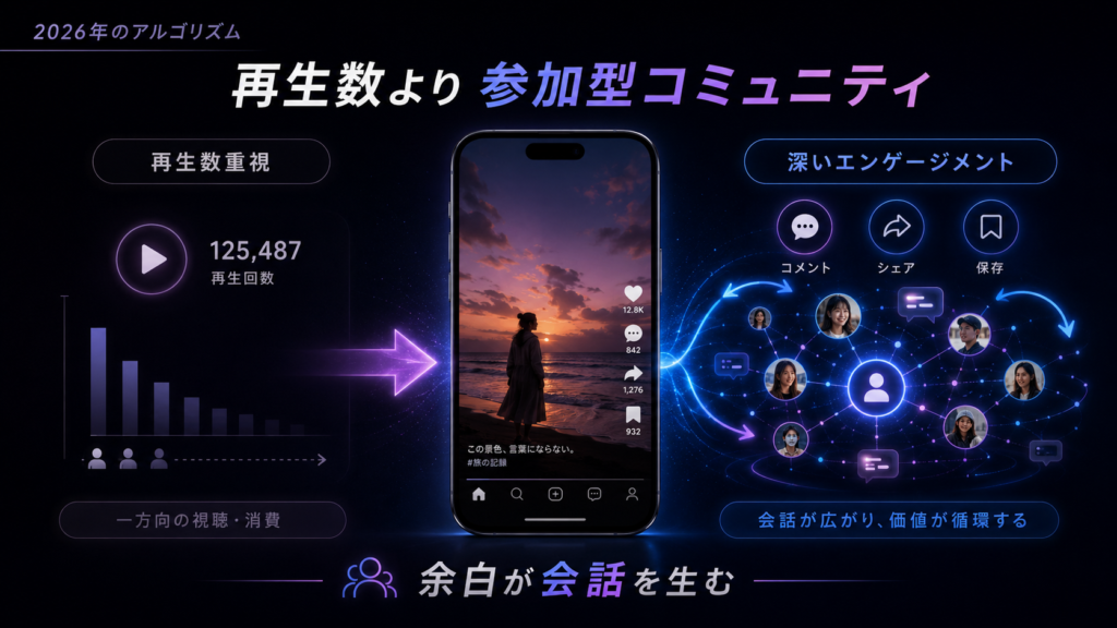 Dark promotional banner: a smartphone centered with a sunset photo, left showing a bar graph, right a neon social-network with avatars and action icons (like, share, save).