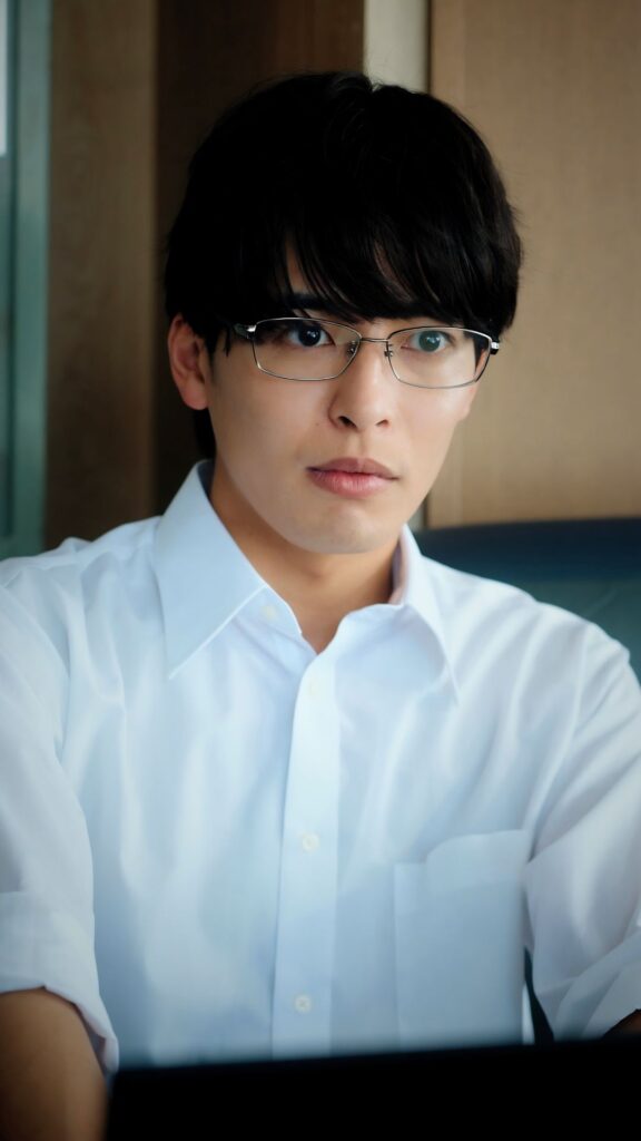 相馬理 様_C - 縦型ショートドラマなら GOKKO Inc.|ごっこ倶楽部 Portrait of a young man with black hair and glasses wearing a light blue dress shirt indoors, looking slightly to the side.