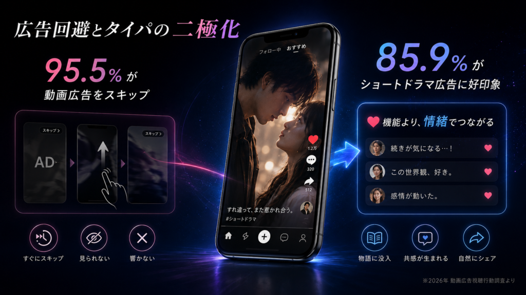 動画広告をスキップするスマホ画面の広告体験を示す宣伝ビジュアル。95.5%が動画広告をスキップすることを強調。左に広告回避の手順、右にショートドラマ広告の印象85.9%を示す。センターのスマホには恋愛シーンが映る。帯域はネオン風の深い青とピンク。