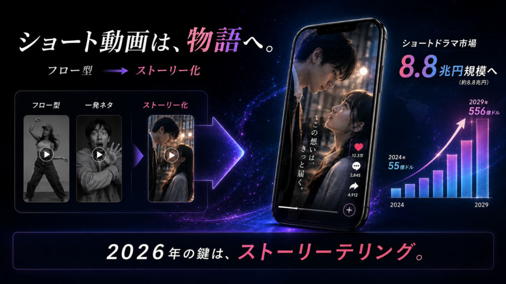 夜空を背景に、スマホ画面に映る男女が近づくショート動画の広告バナー。左に3つのカード（フロー型→一発ネタ→ストーリー化）が並び、右端には成長グラフと市場規模の数字が描かれている。