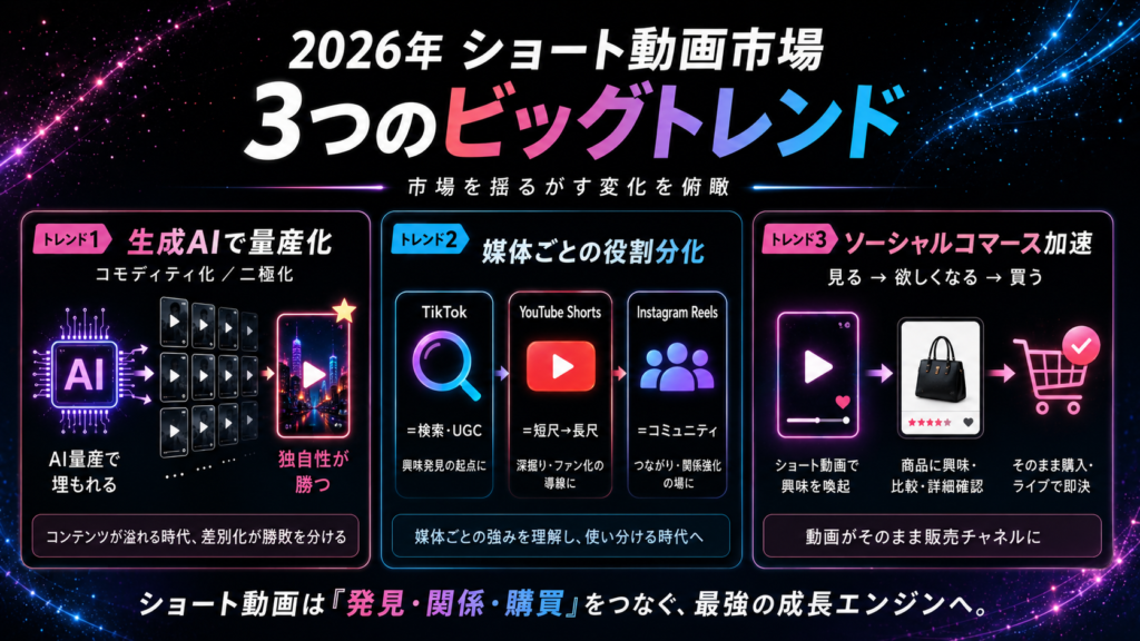 2026年ショート動画市場の3つのビッグトレンドを示すカラフルな情報図です。
