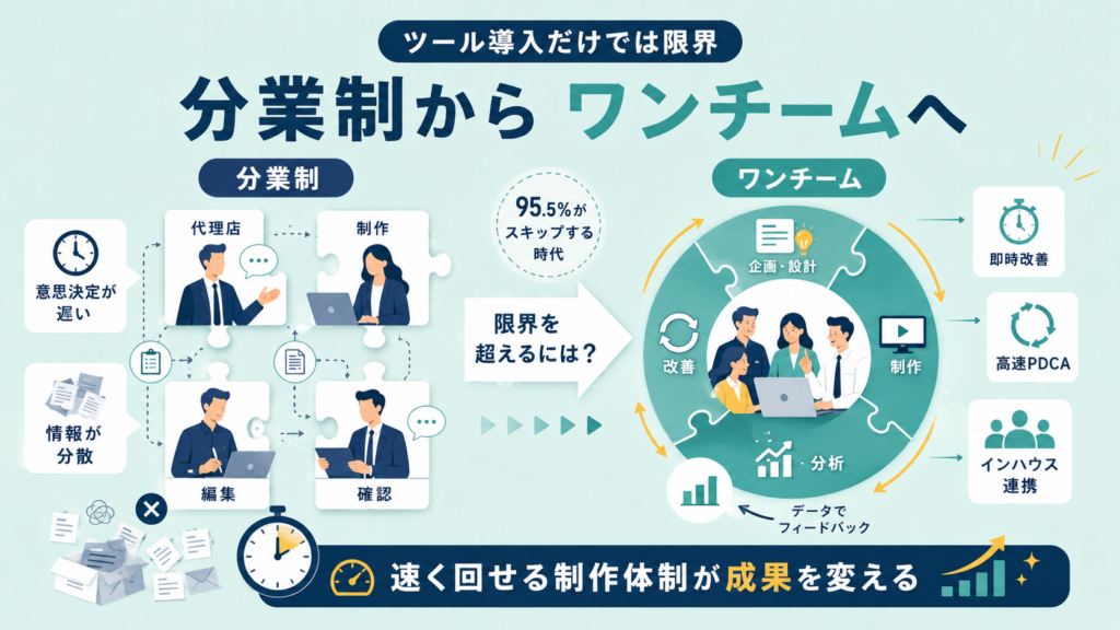 分業制の課題を示す左半分。意思決定の遅さと情報の分散、代理店・制作・編集・確認がパズルのようにつながっている infographic 風の図解。右へ一体化したワンチームへ移行する流れを示す。