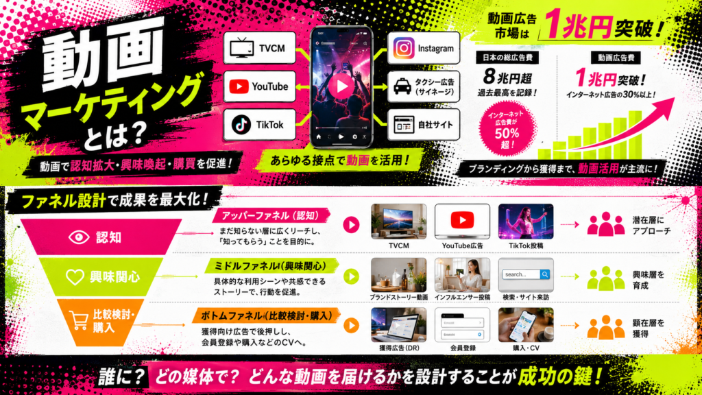 Colorful infographic about video marketing funnel featuring YouTube, TikTok, Instagram and ad platforms with bold Japanese text.