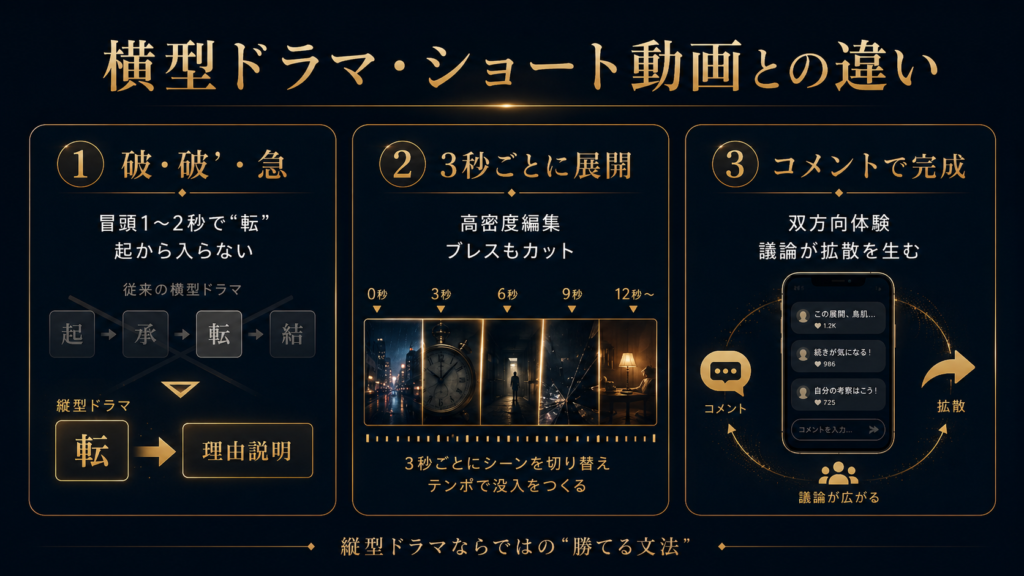 横型ドラマと短尺動画の違いを3ブロックで解説する案内図。左は“破・破・急”の転び動作、中央は3秒ごとに展開、右はコメントで完成して拡散へ。