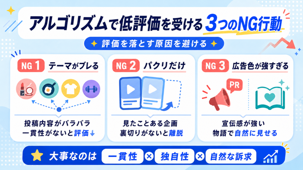 アルゴリズムで低評価を受ける3つのNG行動。NG1: テーマがブレる。NG2: パクリだけ。NG3: 広告色が強すぎる。コツは評価を落とさないこと。