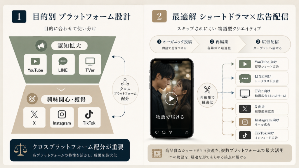 目的別プラットフォーム設計と広告配信の流れを示すインフォグラフィック。YouTube、LINE、TVerなどの配信先と連携を説明。