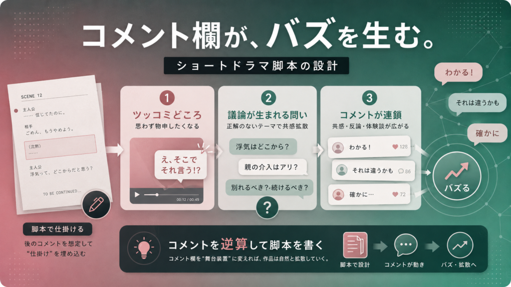 カラーのインフォグラフィック。短編ドラマ脚本の設計過程を示す1〜3のパネルと吹き出しアイコン。おおまかな流れを伝える図。