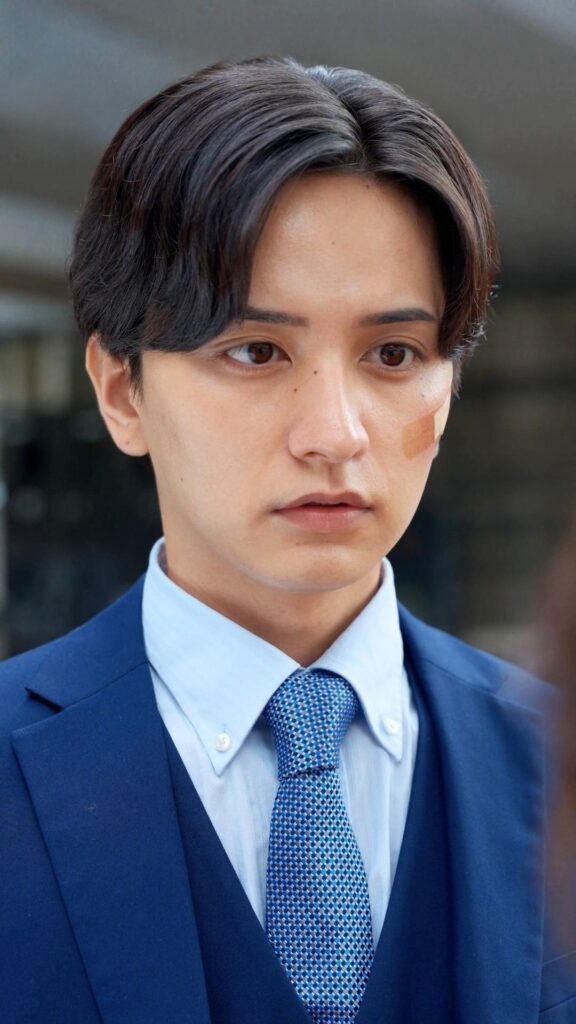 Portrait of a young man in a navy suit and light blue shirt, looking to the side, with a small beige bandage on his right cheek.