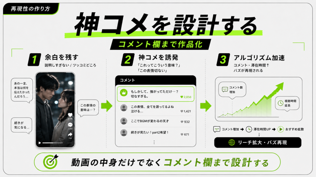 動画のコメント欄を設計する3ステップの説明図（手順1〜3を解説）