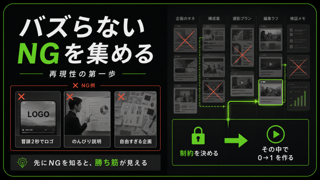 日本語の教育系インフォグラフィック. NGを集める方法を解説。左にNG例の3つのサムネイル、右に緑の矢印とフロー図。