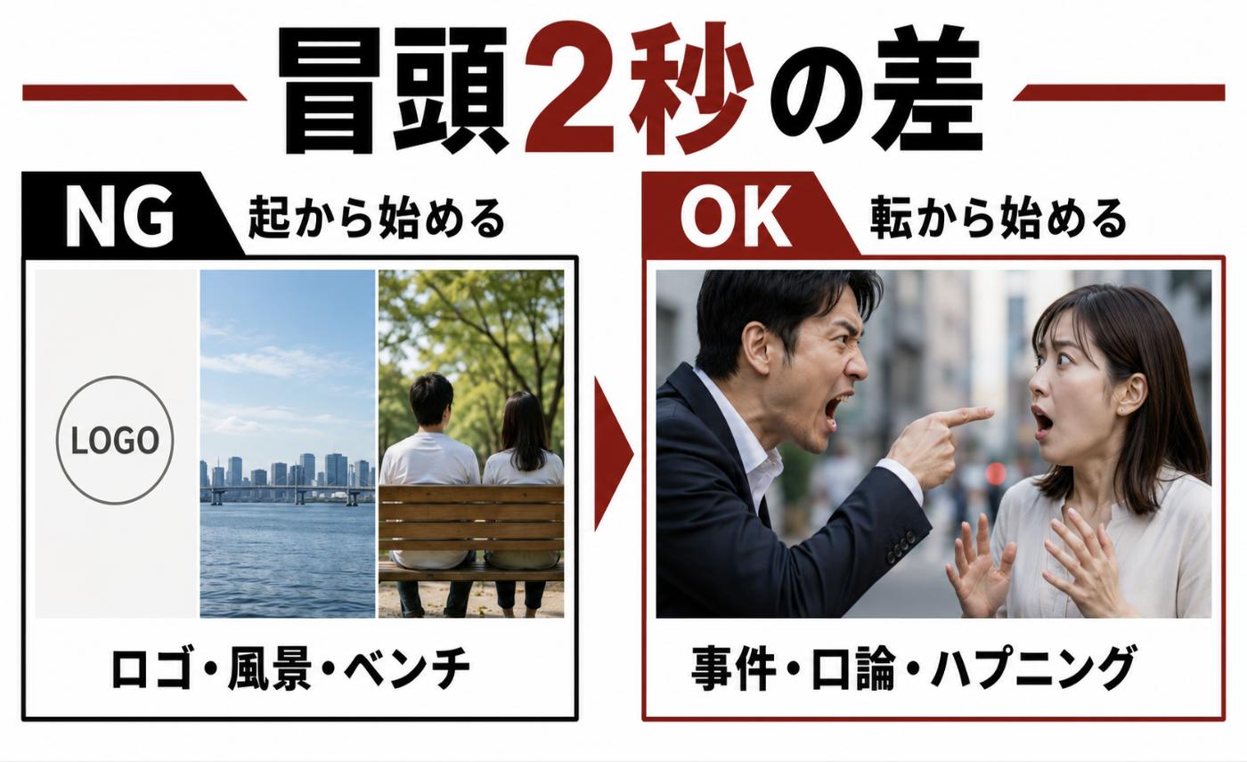 ショート動画の冒頭2秒のNG例とOK例を比較した図。NGは企業ロゴや風景、ベンチに座る男女といった「起」から始める構成、OKは事件や口論などのハプニング＝「転」から始める構成であることを示している
