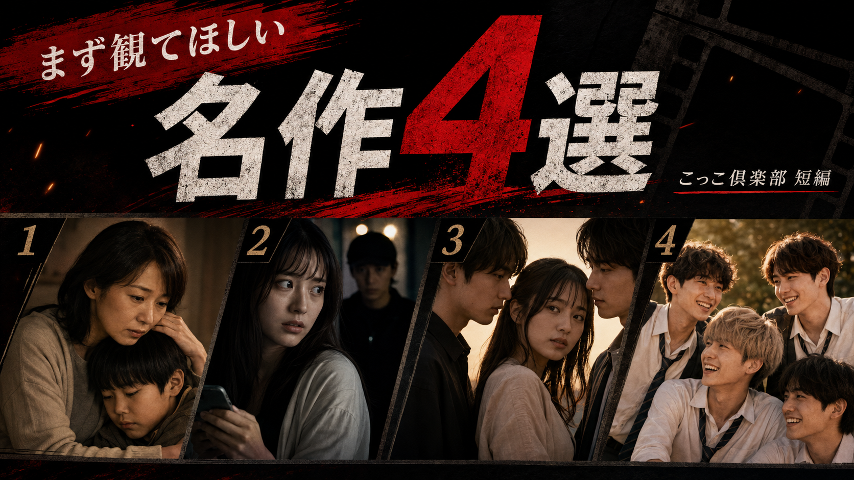 ごっこ倶楽部の短編作品から厳選した4作品を並べた図。心の階段、REC、シンビジウムが枯れたら、ダンデライオンの4作を紹介している