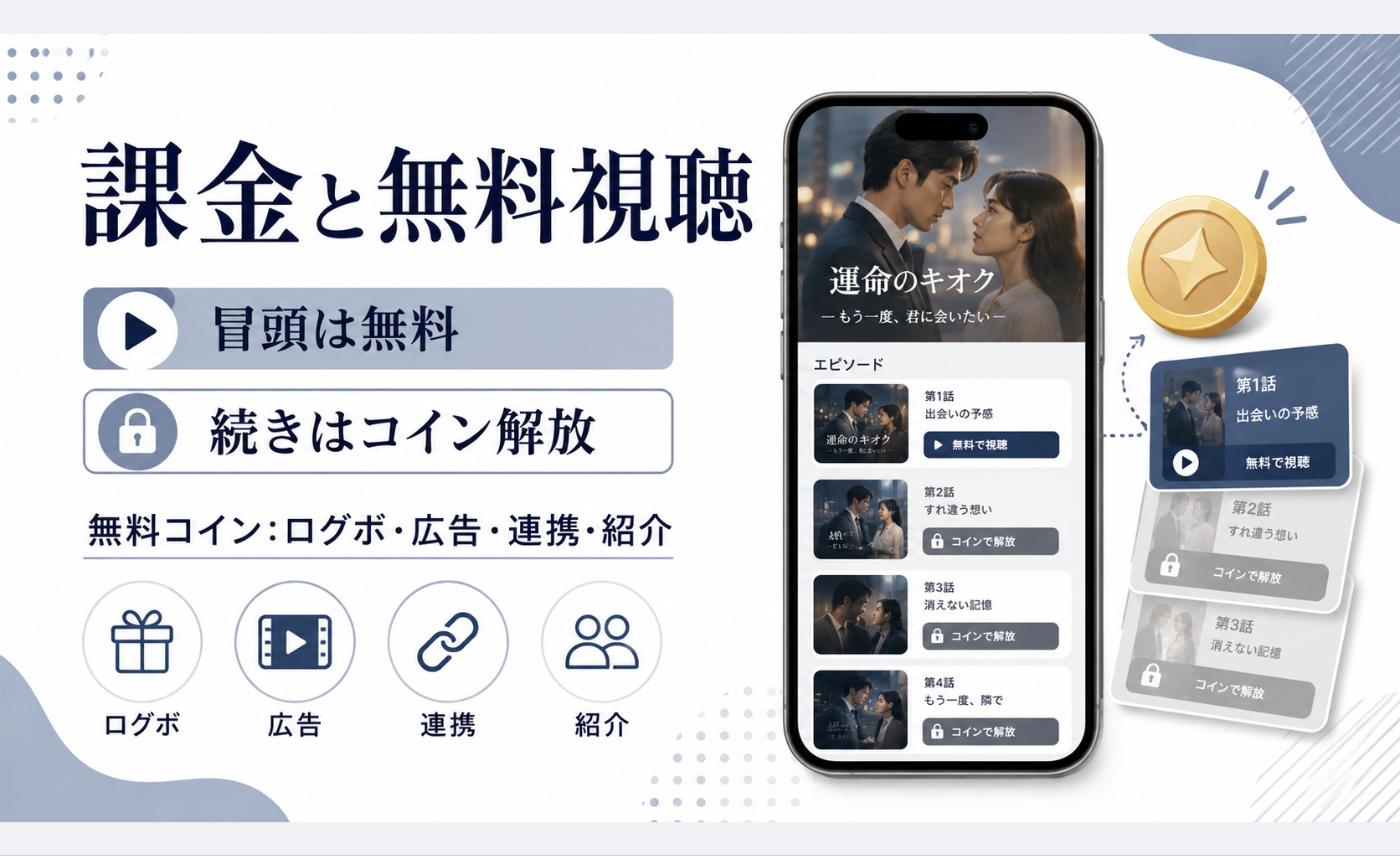 ショートドラマアプリの課金と無料視聴の仕組みを示した図 - 縦型ショートドラマなら GOKKO Inc.|ごっこ倶楽部 ショートドラマアプリの課金と無料視聴の仕組みを示した図。冒頭の数話は無料で、それ以降はコインで1話ずつ解放する形式。無料コインはログインボーナス・広告視聴・アカウント連携・友達紹介の4つで貯まることを表している