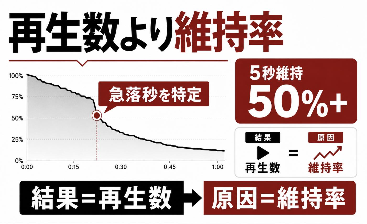 投稿後は再生数ではなく視聴維持率を見るべきことを示した図。維持率グラフが急降下している秒数を特定し、開始5秒時点で50%以上の維持を基準にすること、再生数は結果で維持率が原因であることを表している