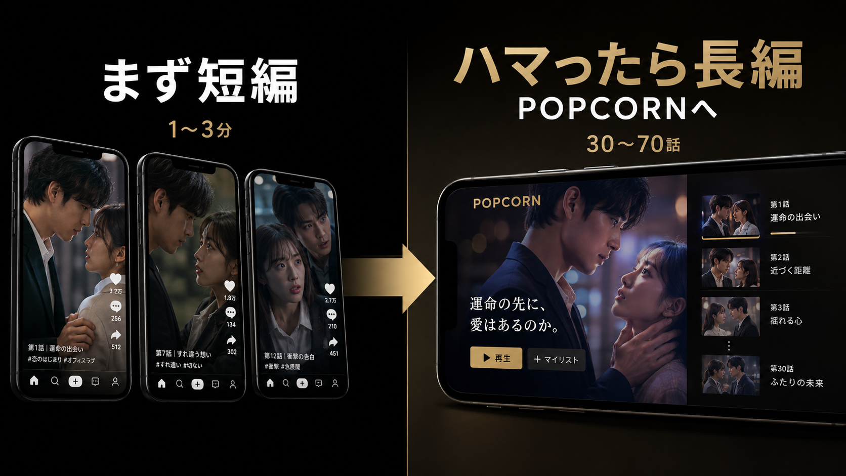 まずSNSで1〜3分の短編を観て、気に入ったら専用アプリPOPCORNで30〜70話の長編シリーズに進むという、縦型ショートドラマの観る順番を示した図