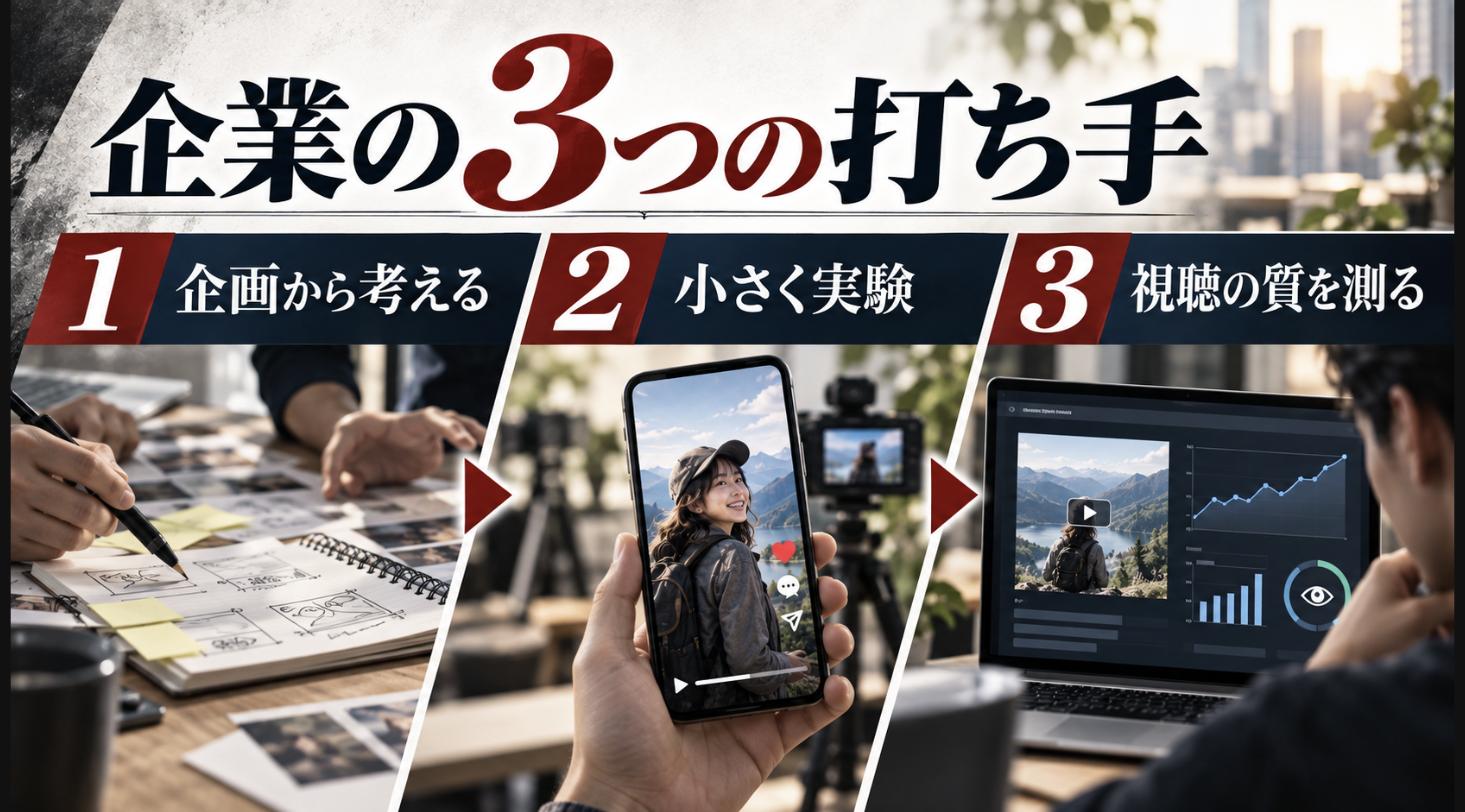 広告の未来に向けた企業の3つの打ち手の図解 - 縦型ショートドラマなら GOKKO Inc.|ごっこ倶楽部 広告の未来に向けて企業が打てる3つの手(見たくなる企画から考える・縦型ショートを小さく実験・視聴の質を測る)の図解