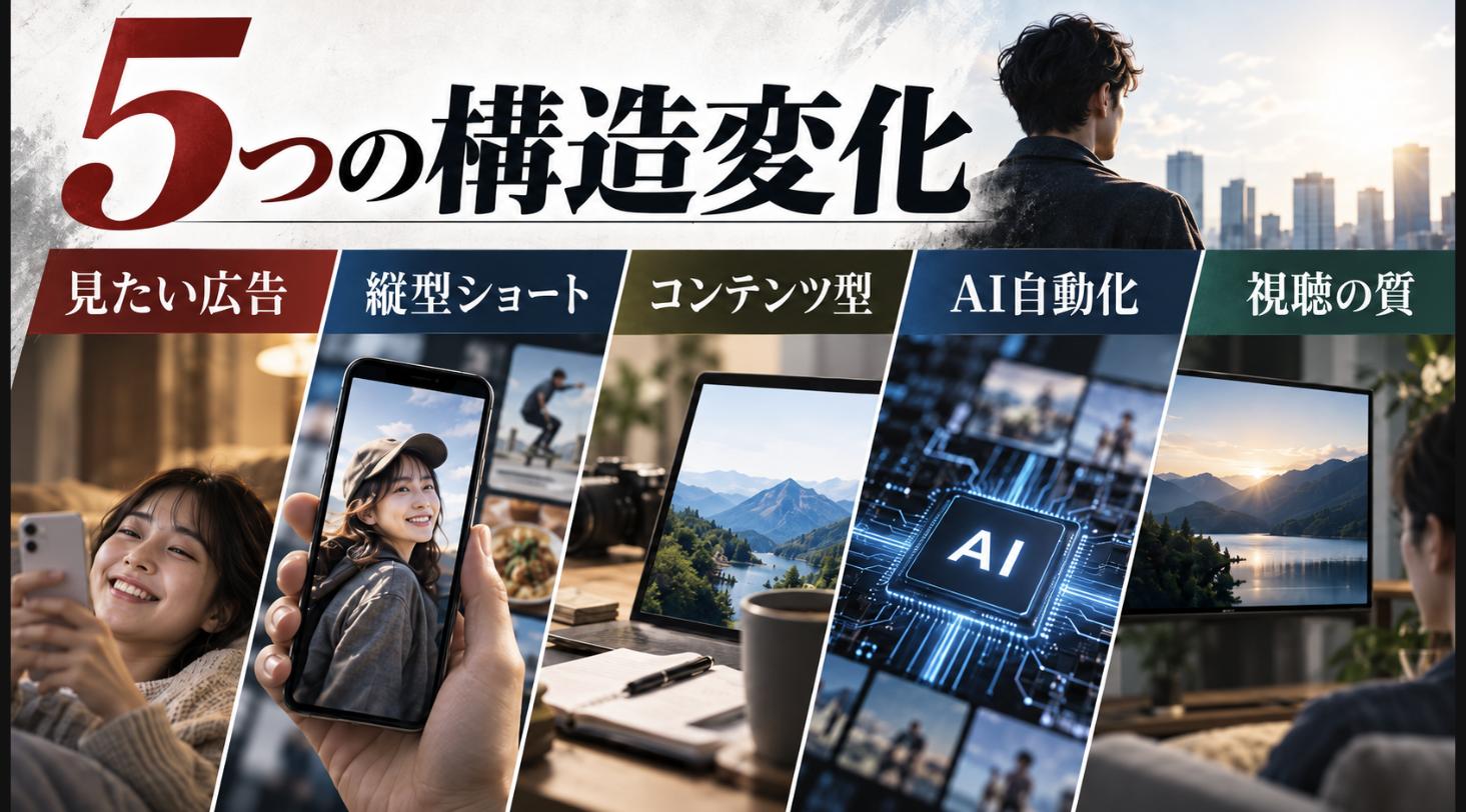 広告の未来を形づくる5つの構造変化の図解 - 縦型ショートドラマなら GOKKO Inc.|ごっこ倶楽部 広告の未来を形づくる5つの構造変化(見たい広告へ・縦型ショート・コンテンツ型・AI自動化・視聴の質)を整理した図解