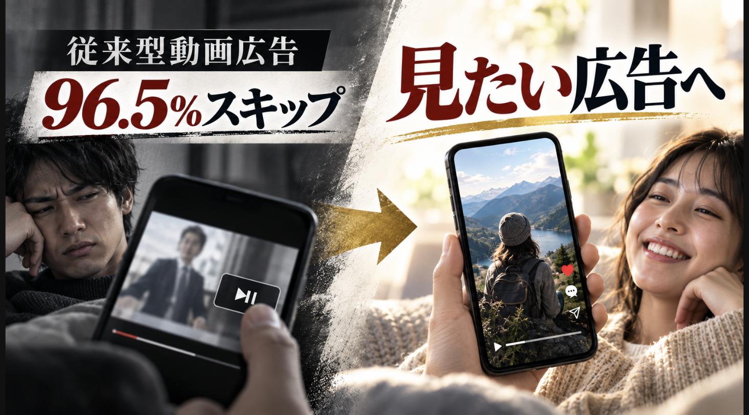 従来型動画広告96.5%スキップから見たい広告への転換図 - 縦型ショートドラマなら GOKKO Inc.|ごっこ倶楽部 従来型動画広告は96.5%がスキップされる現実から「見たい広告」への転換を表した対比イメージ