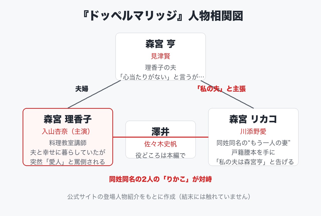 『ドッペルマリッジ』の人物相関図。森宮理香子（入山杏奈）と森宮リカコ（川添野愛）が夫・森宮亨（見津賢）をめぐって対峙する