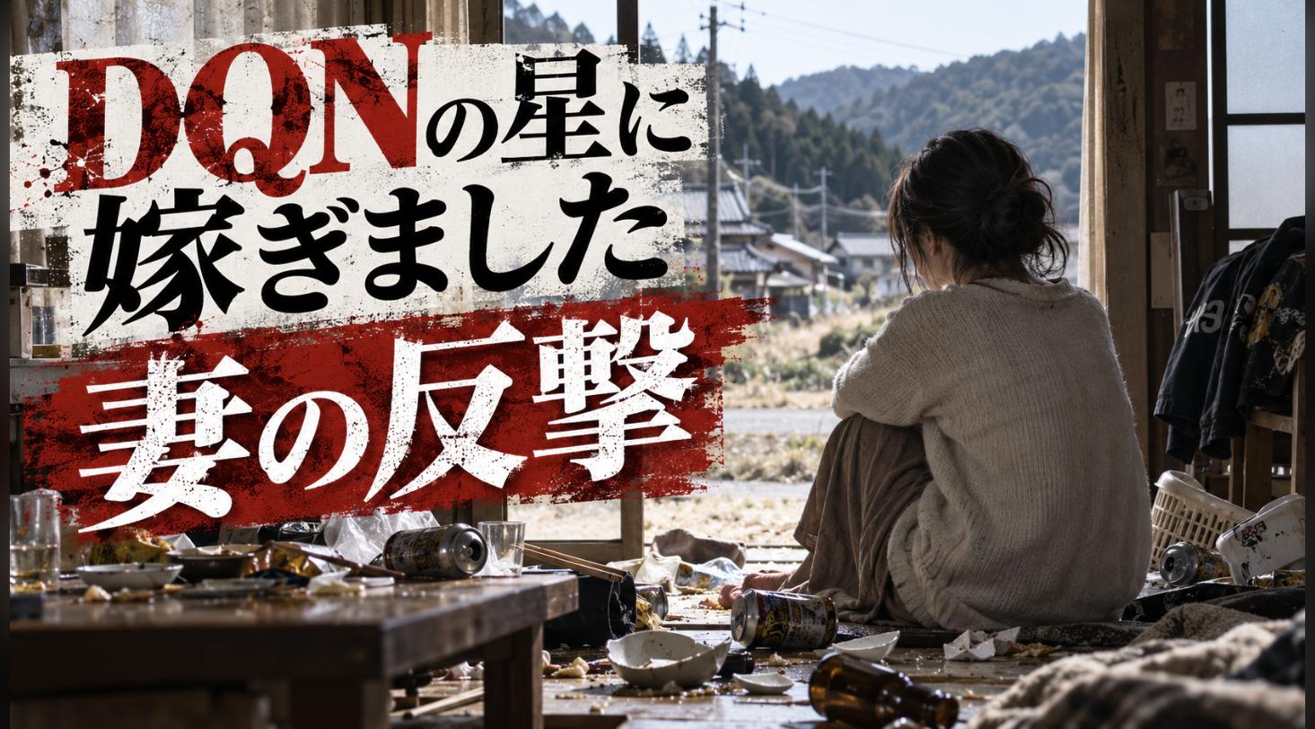 荒れた宴会の跡に座り込む妻の後ろ姿。耐え続けた妻が反撃を決意する『DQNの星に嫁ぎました』のイメージ