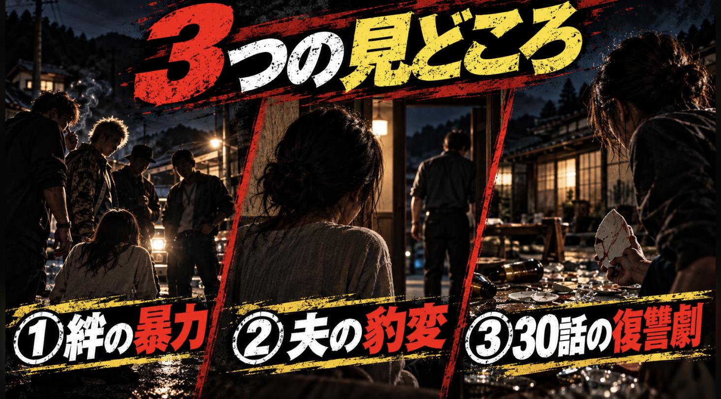 『DQNの星に嫁ぎました』の3つの見どころ。絆という名の暴力、夫の豹変、全30話の復讐劇を示した画像