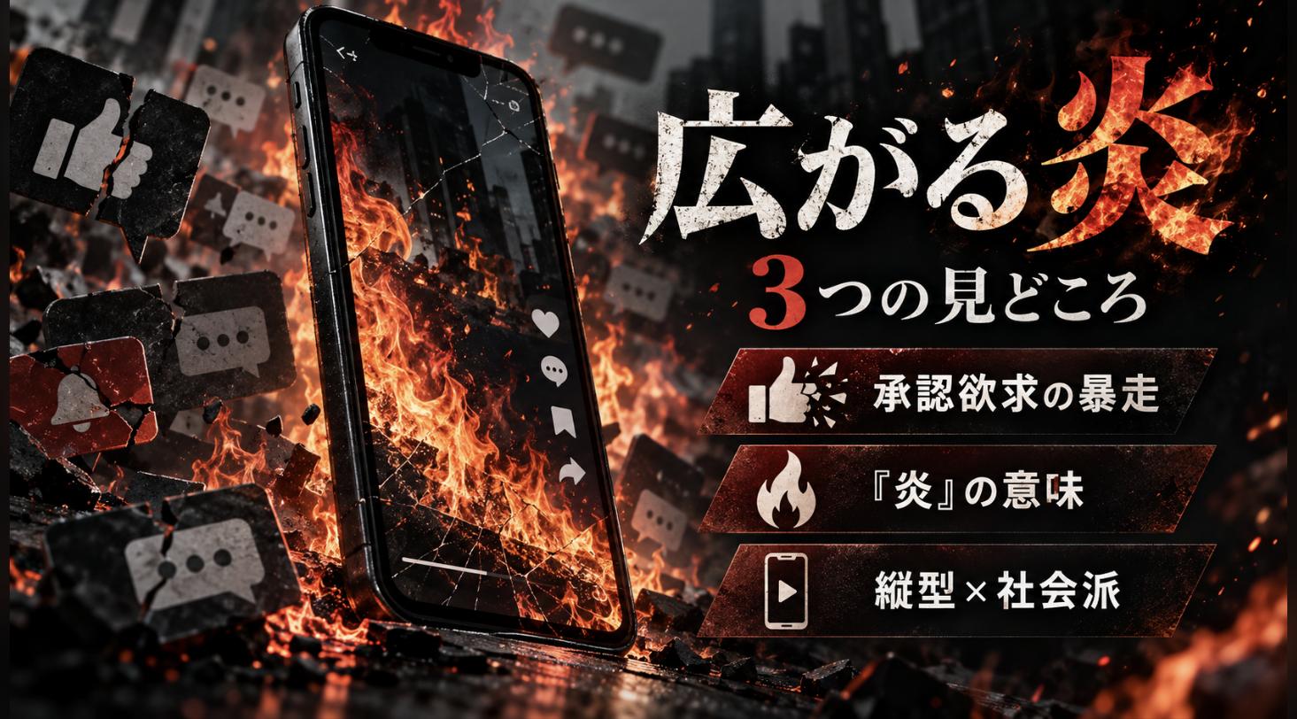 『広がる炎』の3つの見どころ。承認欲求の暴走、タイトルの炎の意味、縦型×社会派の没入感を示した図解