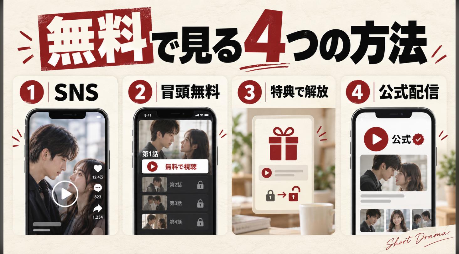 ショートドラマを無料で見る4つの方法。SNSで見る、アプリの冒頭無料、特典で解放、公式配信を並べた図解