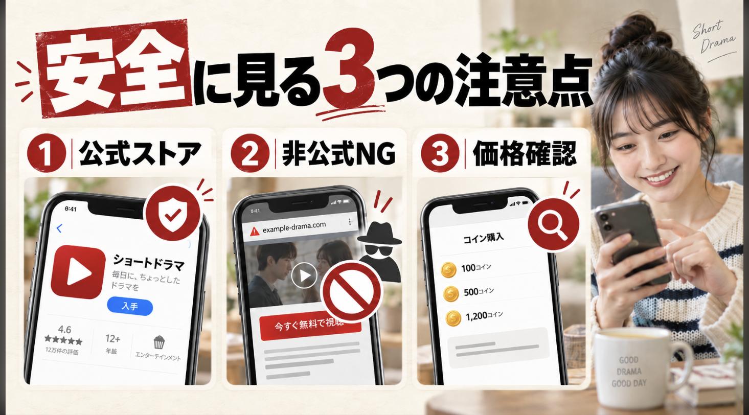 ショートドラマを安全に見る3つの注意点。公式ストアからインストール、非公式サイトは開かない、コイン価格の事前確認を示した図解