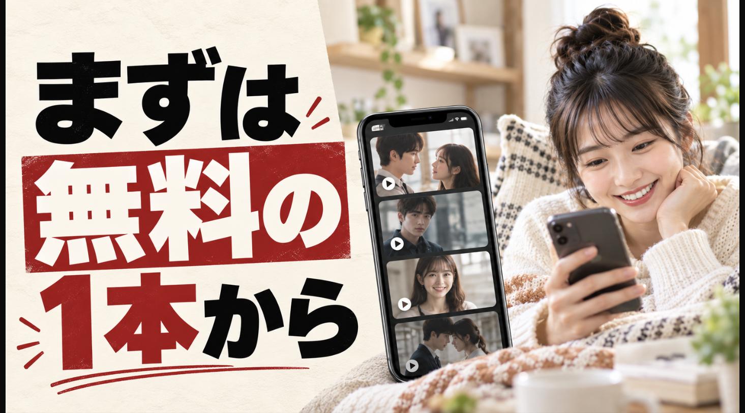 ソファでくつろぎながらスマホでショートドラマを楽しむ女性の写真。まずは無料の1本から試すことを勧めるイメージ