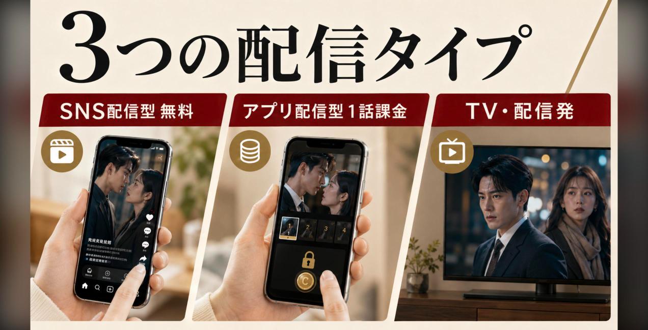 ショートドラマの3つの配信タイプ。無料のSNS配信型、冒頭無料と1話課金のアプリ配信型、テレビ・配信サービス発を並べた図解