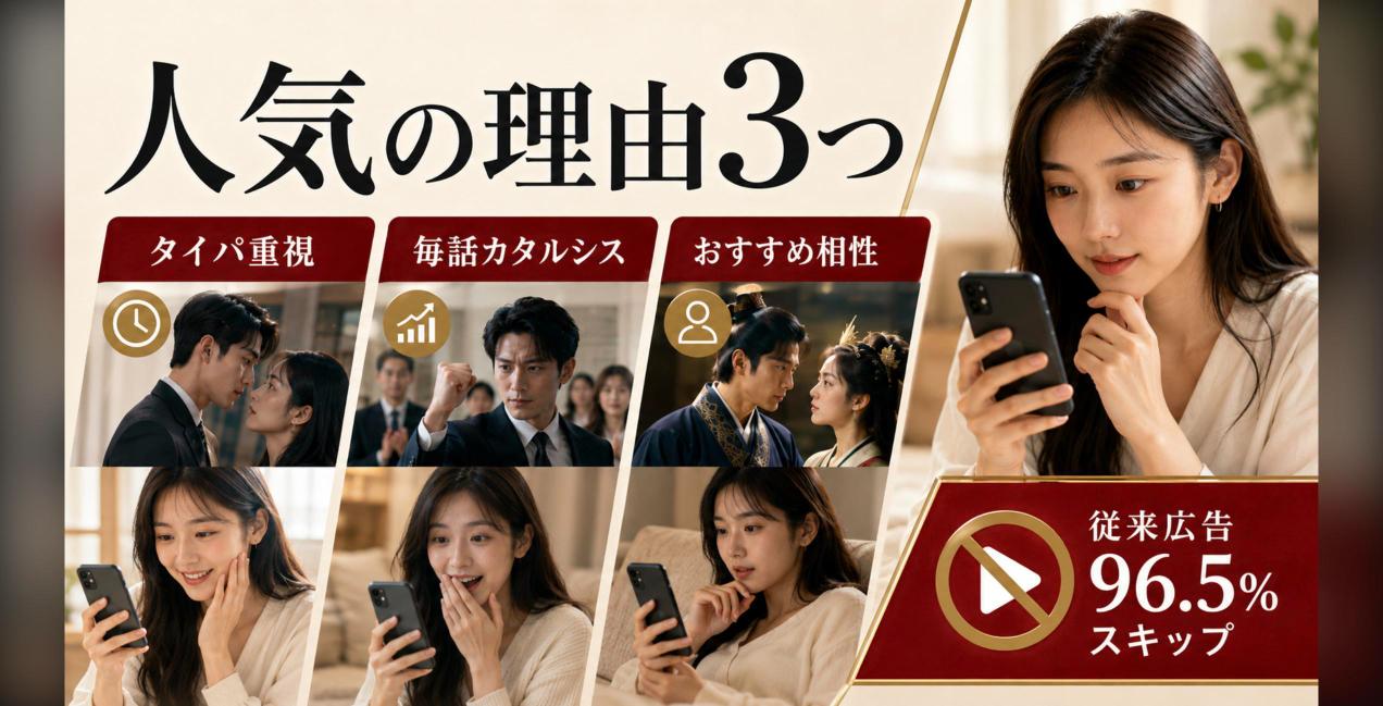 ショートドラマが人気の3つの理由。タイパ重視（従来広告は96.5%がスキップ）、毎話のカタルシス設計、おすすめ機能との相性を示した図解