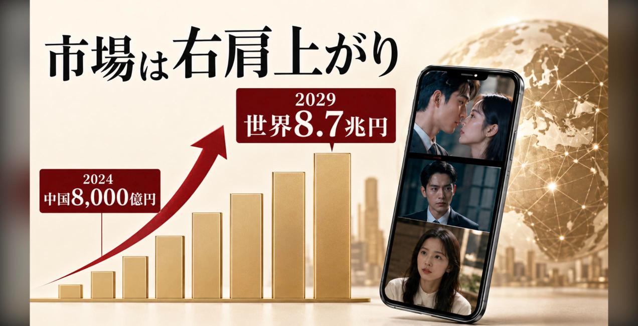 ショートドラマ市場の成長を示すグラフ。中国では2024年に国内8,000億円規模、2029年には世界で約8.7兆円規模との推定