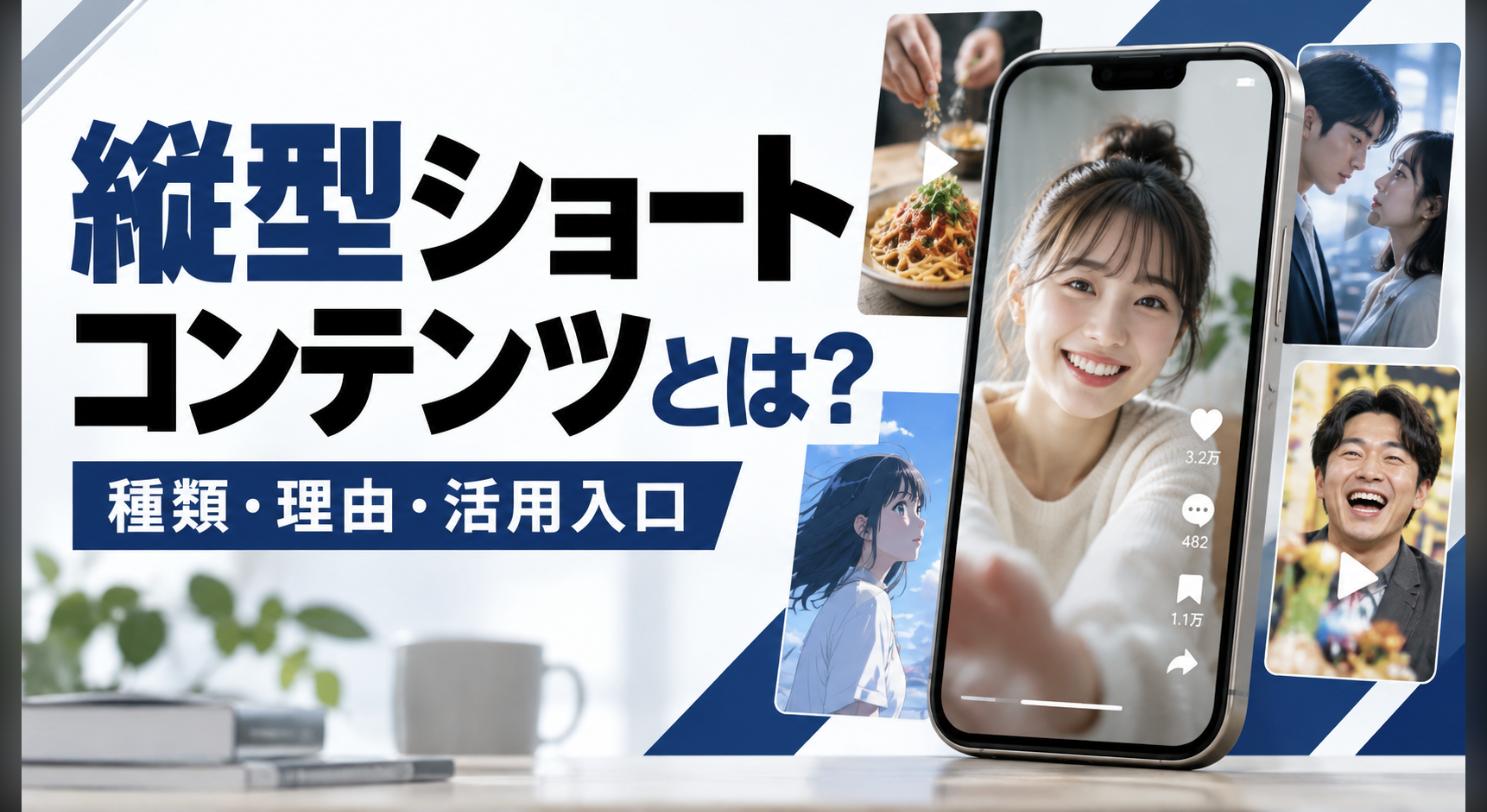 縦型ショートコンテンツの種類のイメージ。ショート動画・縦型ショートドラマ・縦型アニメ・バラエティなど多ジャンルの縦型短尺コンテンツを示す画像