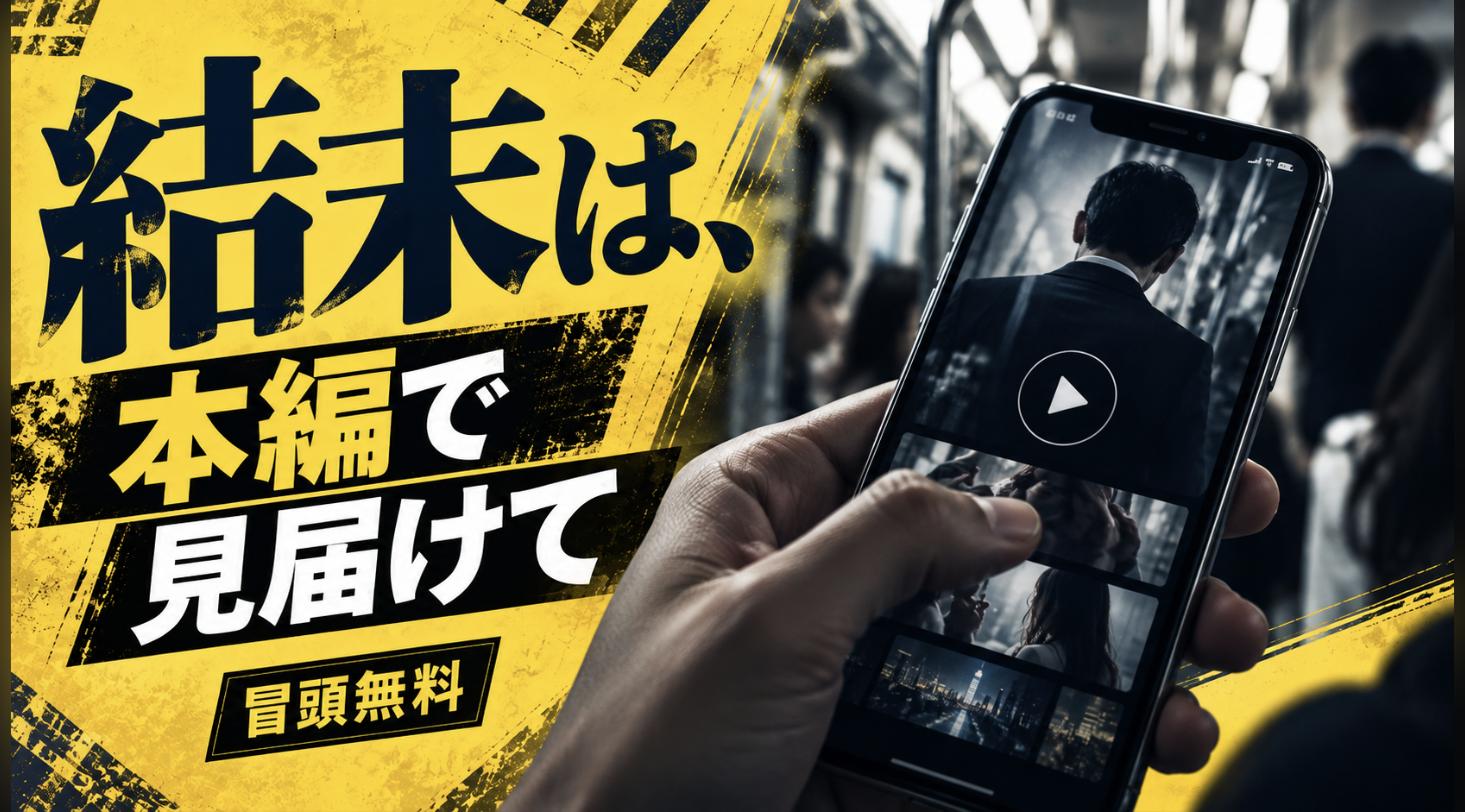 スマホで縦型ショートドラマを再生しようとしている手元の画像。結末は本編で、冒頭は無料で視聴できることを示す