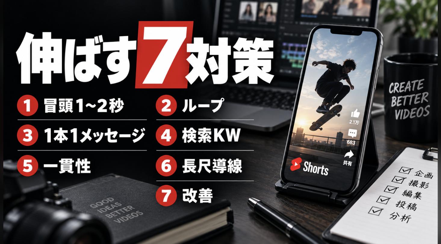 YouTubeショートを伸ばす7つの対策 - 縦型ショートドラマなら GOKKO Inc.|ごっこ倶楽部 YouTubeショートを伸ばす7つの対策。冒頭1〜2秒、ループ、1本1メッセージ、検索キーワード、一貫性、長尺導線、改善を示したチェックリスト