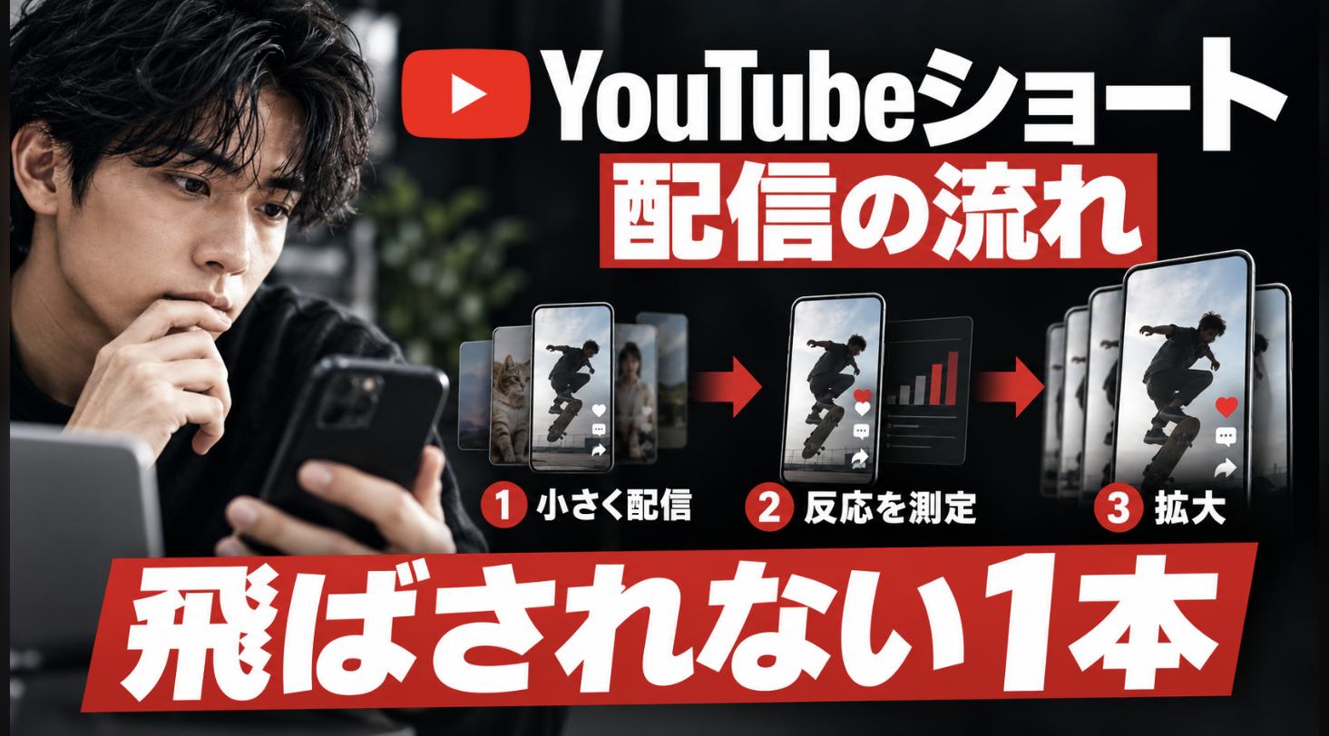 YouTubeショートの配信の流れ - 縦型ショートドラマなら GOKKO Inc.|ごっこ倶楽部 YouTubeショートの配信の流れ。小さく配信、反応を測定、反応が良ければ拡大の3ステップを示した図解